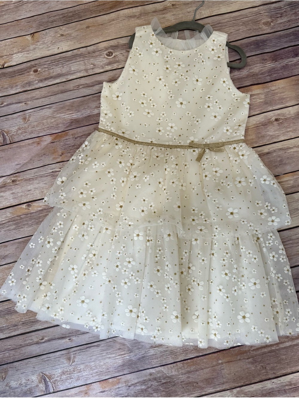 Janie and Jack Cream Floral Tulle Party Dress with Gold Trim